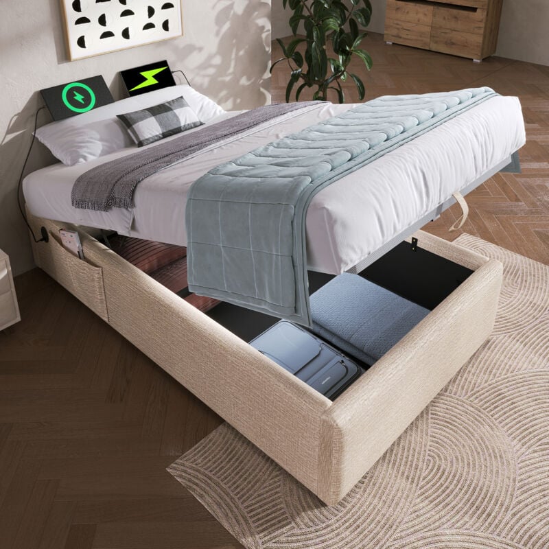 foto del prodotto letto imbottito singolo 90 200 cm, giroletto contenitore con usb c e rete a doghe a tutta superficie, senza testiera, lino, naturale