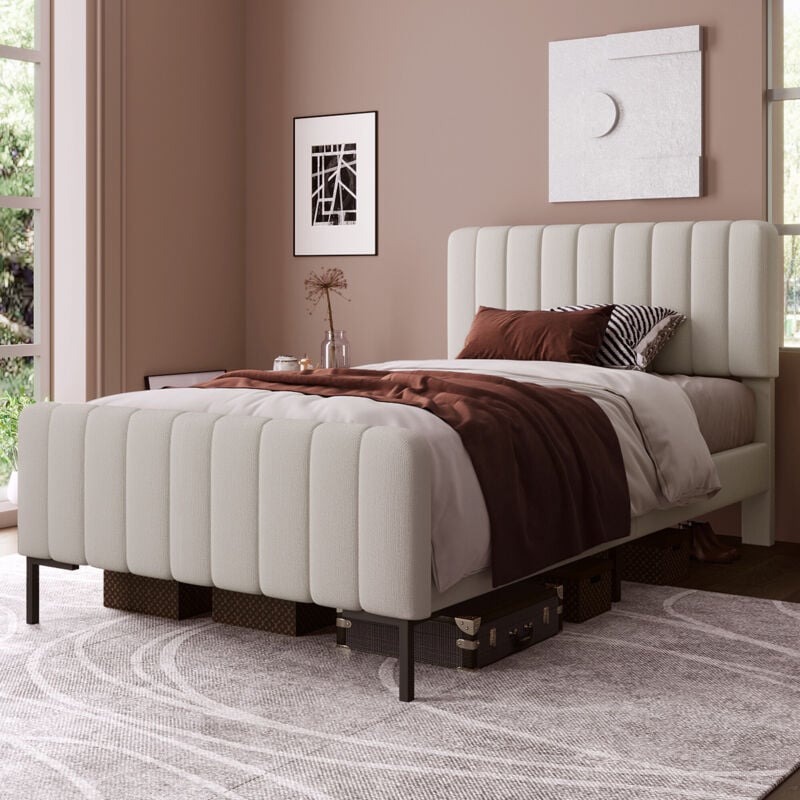 foto del prodotto letto imbottito singolo 90 x 200 cm, giroletto con rete a doghe e testiera regolabile, beige, letto per ragazzi per cameretta, camera degli ospiti,