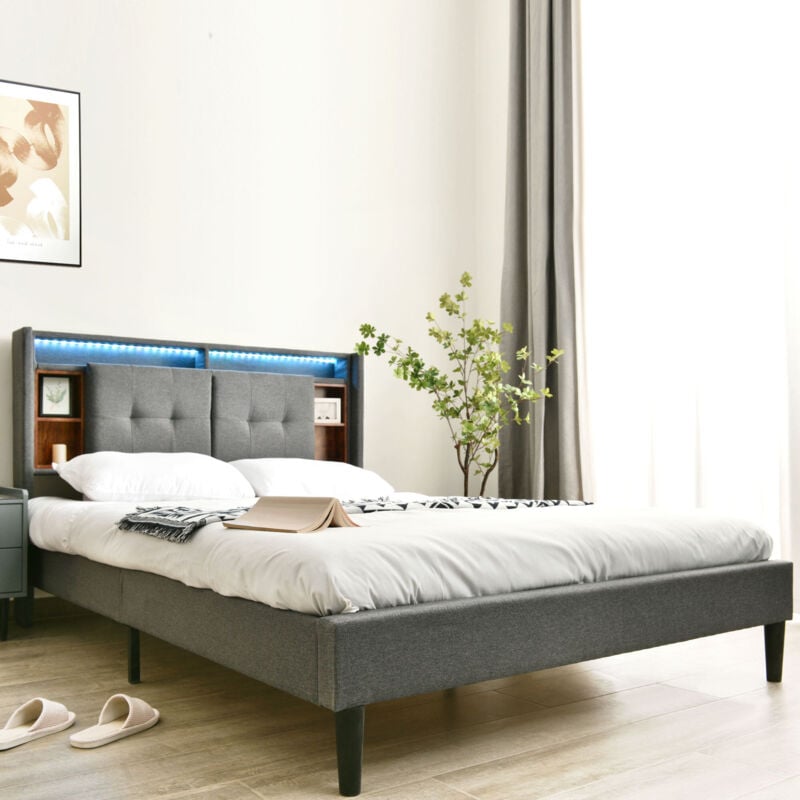 foto del prodotto letto imbottito testiera letto matrimoniale contenitore con ricarica usb e illuminazione a led giroletto rete a doghe in legno, 160200 cm grigio