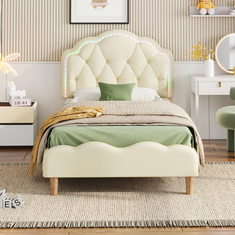 foto del prodotto letto imbottito, testiera ondulata con barra per trazioni, con strisce led cambianti colori, letto per bambini a doghe di legno, letto singolo, pu,