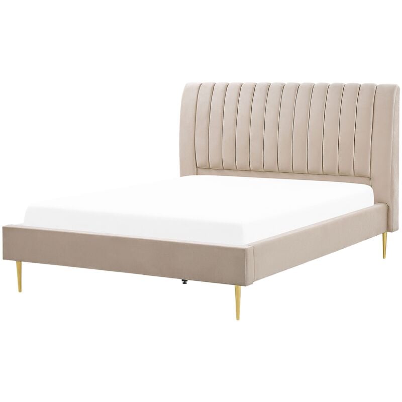 foto del prodotto letto imbottito velluto beige sabbia e oro rete a doghe testiera alta 180 x 200 cm marville