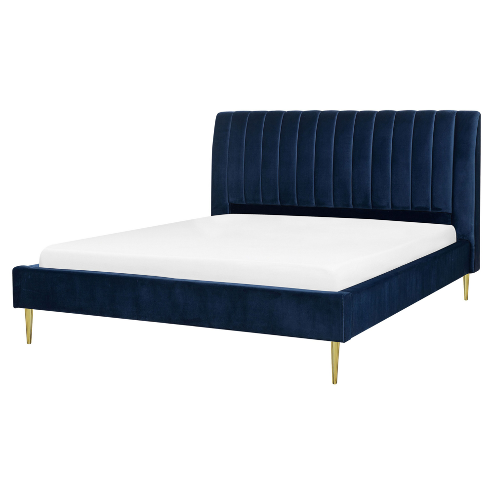 foto del prodotto letto imbottito velluto blu scuro gambe dorate rete a doghe testiera alta 160 x 200 cm testata alta design retr 