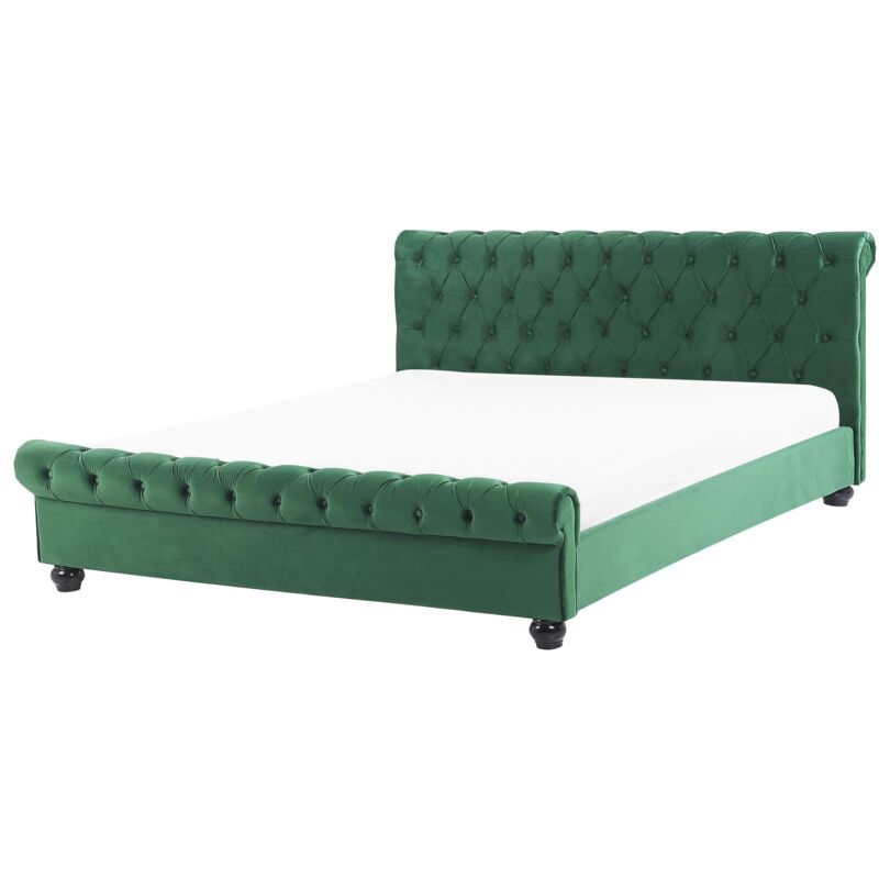 foto del prodotto letto imbottito velluto effetto lino verde rete a doghe 160 x 200 cm avallon