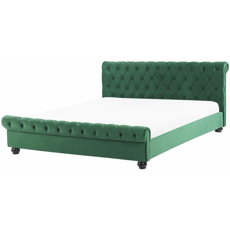 foto del prodotto letto imbottito velluto effetto lino verde rete a doghe 180 x 200 cm avallon