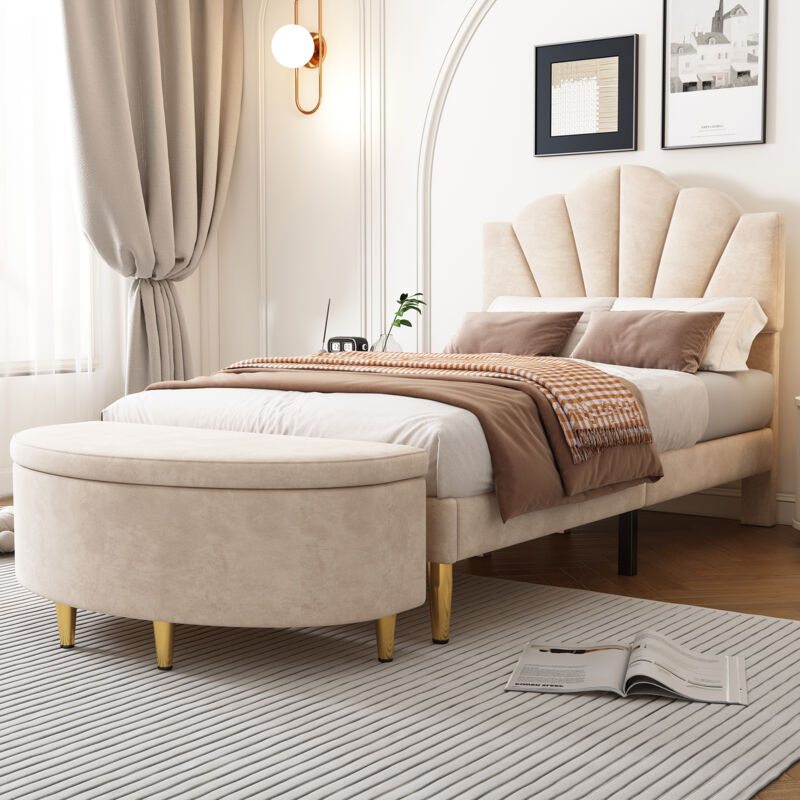 foto del prodotto letto imbottito velvet, 90200 cm, letto a conchiglia con gambe in ferro color oro, testiera regolabile in altezza, rete a doghe in legno, con panca