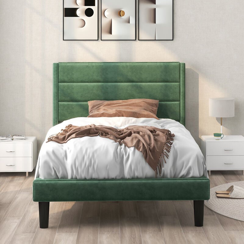 foto del prodotto letto imbottitoetto in tessuto velluto con giroletto e testiera, 90x200cm, verde scuro