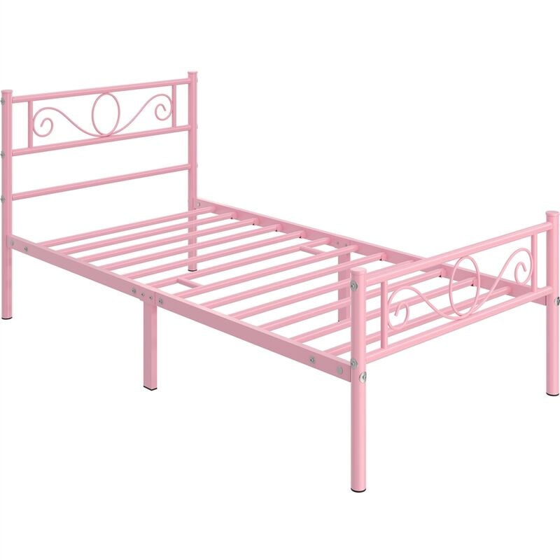 foto del prodotto letto in ferro battuto con doghe struttura letto in metallo stile rustico moderno rosa singolo 90 x 190 cm yaheetech