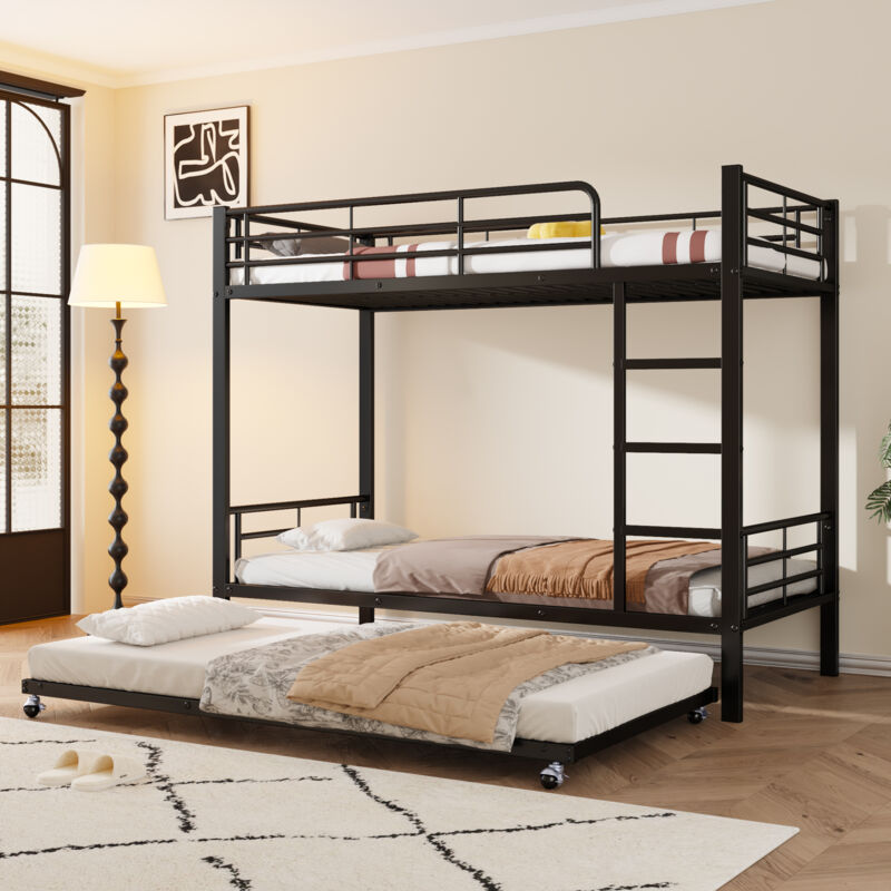 foto del prodotto letto in ferro, letto a castello, adatto a bambini e adolescenti, con letto estraibile, quattro sponde laterali sul letto superiore, ferro, nero,