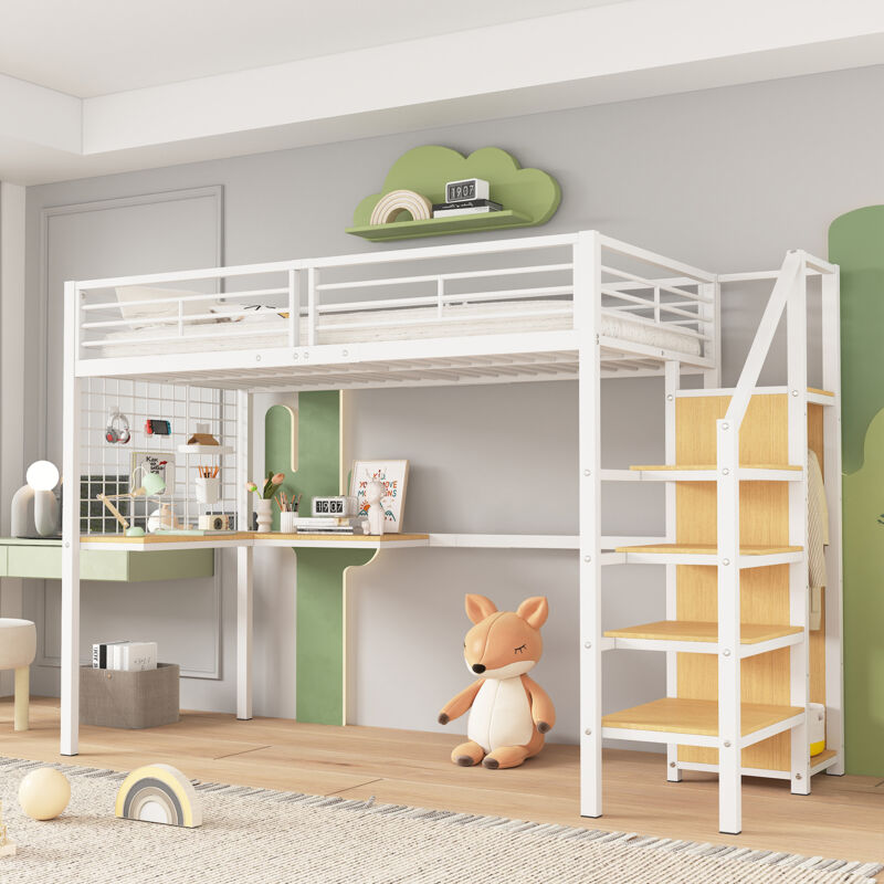 immagine 0 del prodotto letto in ferro, letto a castello, letto a soppalco, adatto per bambini e adolescenti, con tavolo e armadio, scaletta laterale con corrimano, ferro 