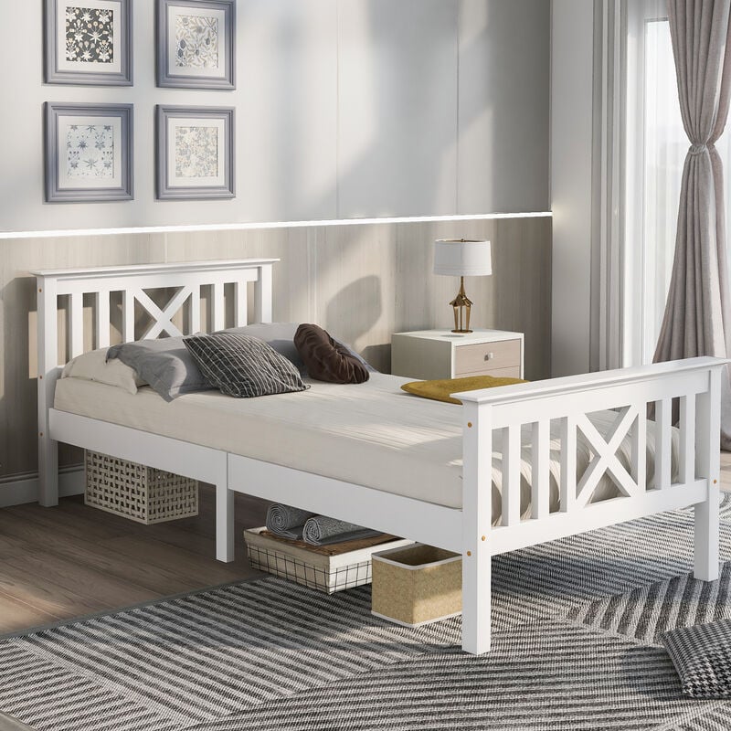 foto del prodotto letto in legno 90 x 200 cm, letto singolo composto da giroletto con rete a doghe, con testiera, pino massiccio, bianco