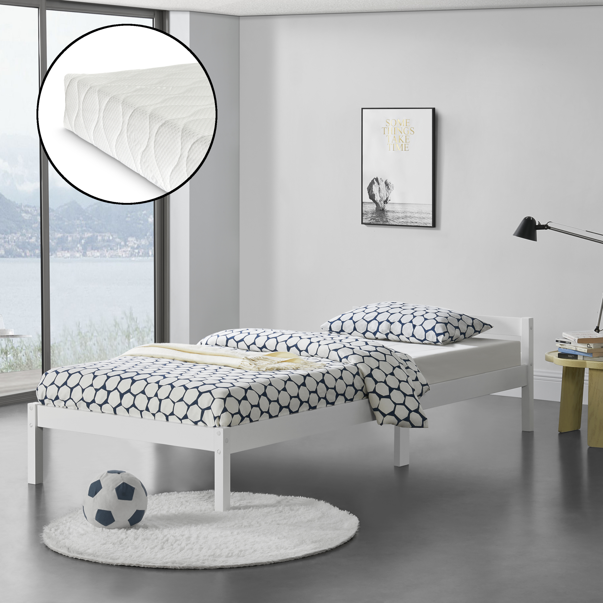 foto del prodotto letto in legno di pino con materasso a schiuma fredda 120 x 200 cm letto 1 piazza e mezza con testiera bassa in design