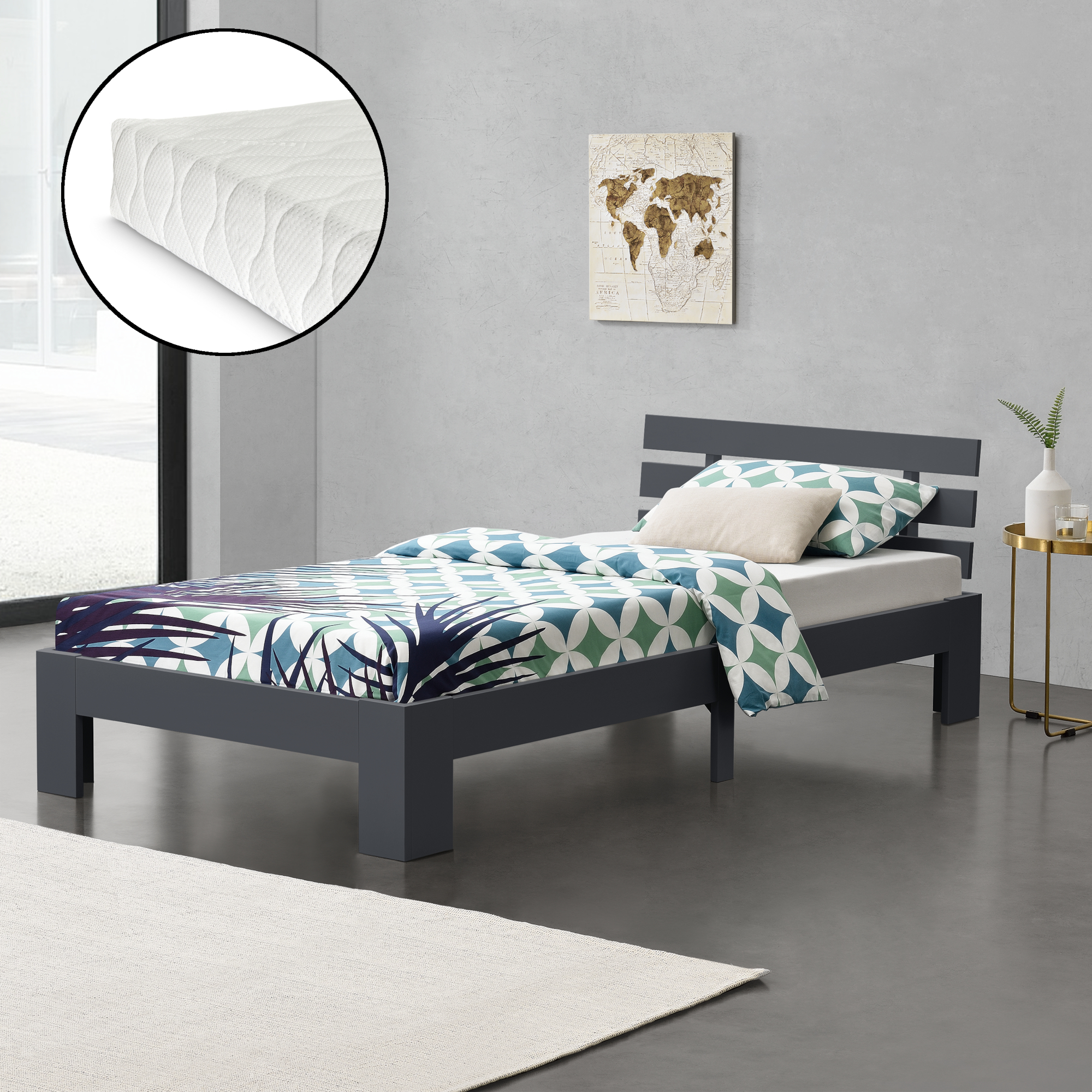 foto del prodotto letto in legno di pino con materasso a schiuma fredda 120 x 200 cm letto 1 piazza e mezza con testiera in stile moderno