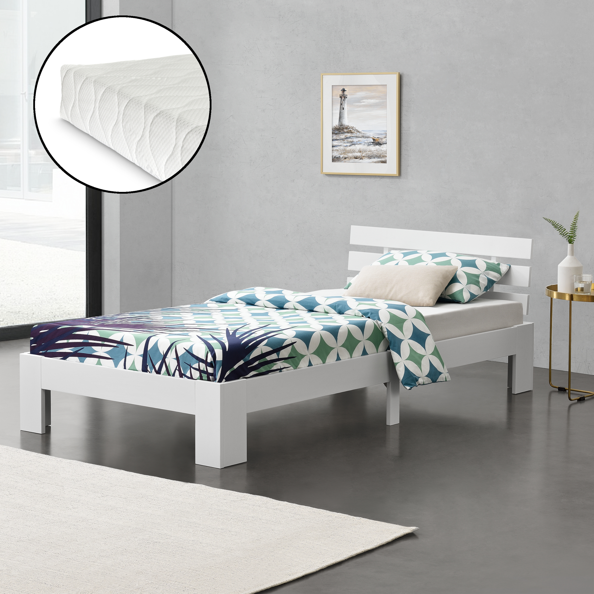 foto del prodotto letto in legno di pino con materasso a schiuma fredda 120 x 200 cm letto 1 piazza e mezza con testiera in stile moderno bianco