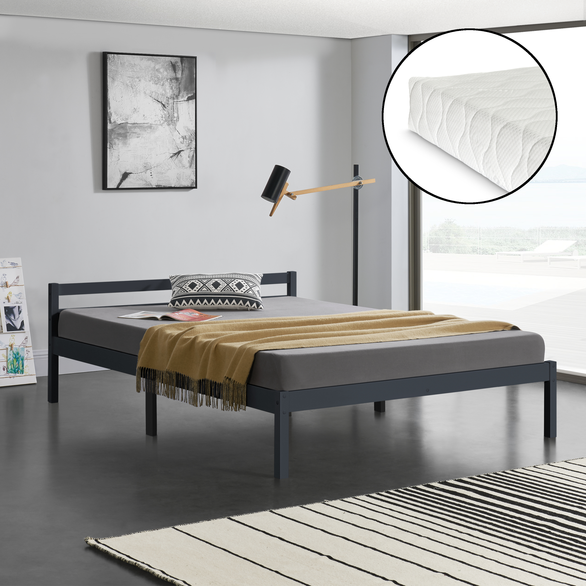foto del prodotto letto in legno di pino con materasso a schiuma fredda 140 x 200 cm letto francese con testiera bassa in design minimal 