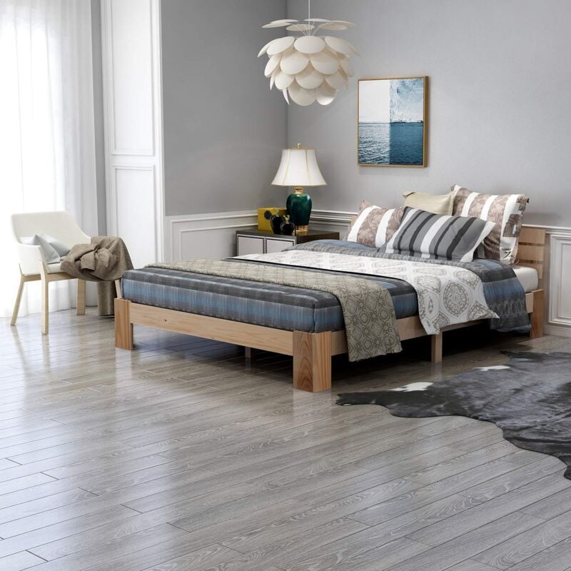foto del prodotto letto in legno letto matrimoniale con testiera realizzato con giroletto con rete a doghe 200 x 140 cm letto matrimoniale massiccio in legno massiccio