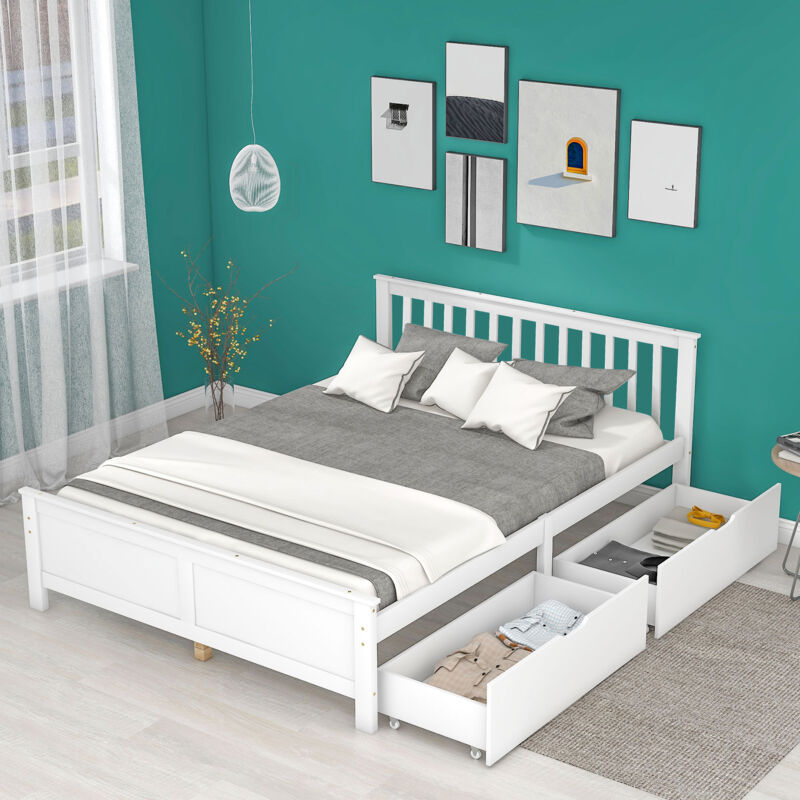 foto del prodotto letto in legno, letto matrimoniale, letto per giovani, letto per adulti, con cassetti portaoggetti, struttura in pino, bianco 140x200cm 