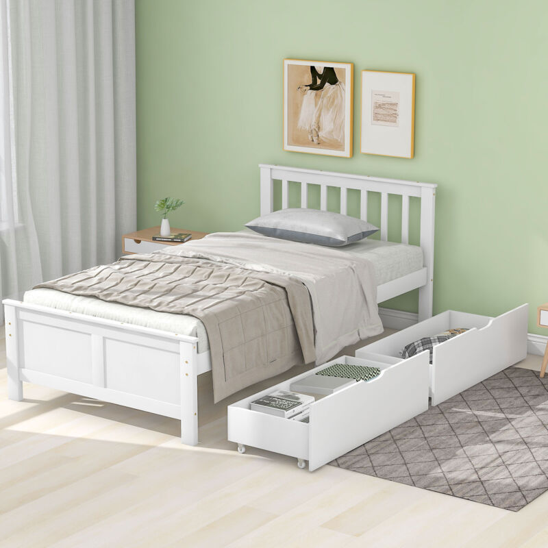 foto del prodotto letto in legno, letto singolo, letto per giovani, letto per adulti, con cassetti per riporre gli oggetti, struttura in pino, bianco 90x200 cm okwish