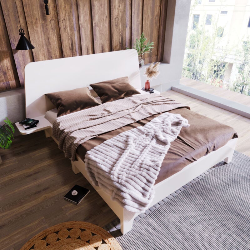 foto del prodotto letto in legno massello 160x200cm, giroletto matrimoniale con testiera contenitore e rete a doghe, colore bianco, materiale di alta qualit , facile