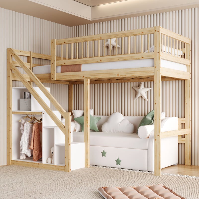 foto del prodotto letto in legno massello 90200, scala con contenitore, lettino per bambini, letto per ragazzi, letto singolo, struttura in legno massiccio, versione