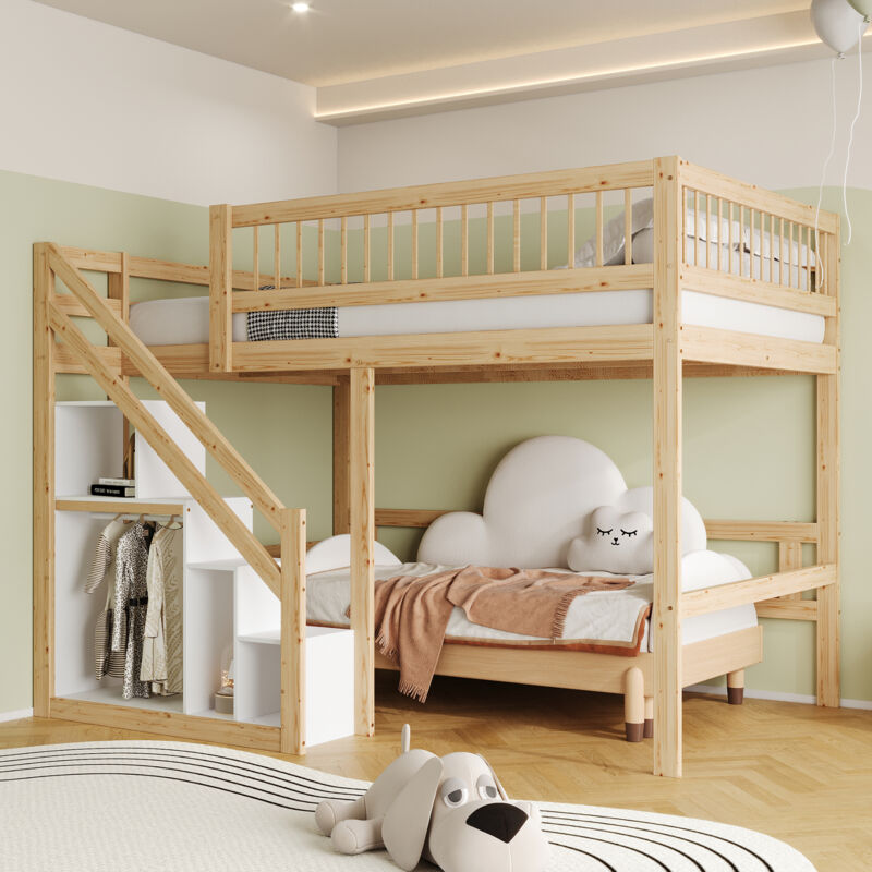 foto del prodotto letto in legno massiccio 140200, scala con armadio, ringhiera alta, letto per bambini, letto per giovani, struttura letto in legno massiccio, colore