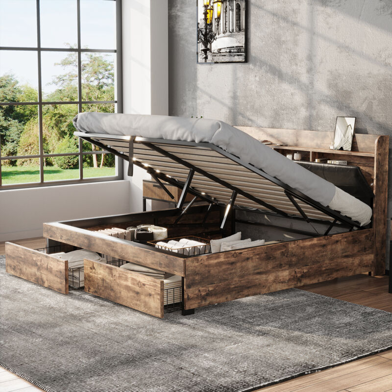 foto del prodotto letto in metallo, 160 x 200 cm, letto idraulico, letti per ragazzi, letto matrimoniale, con testiera contenitore e rete a doghe in metallo, senza