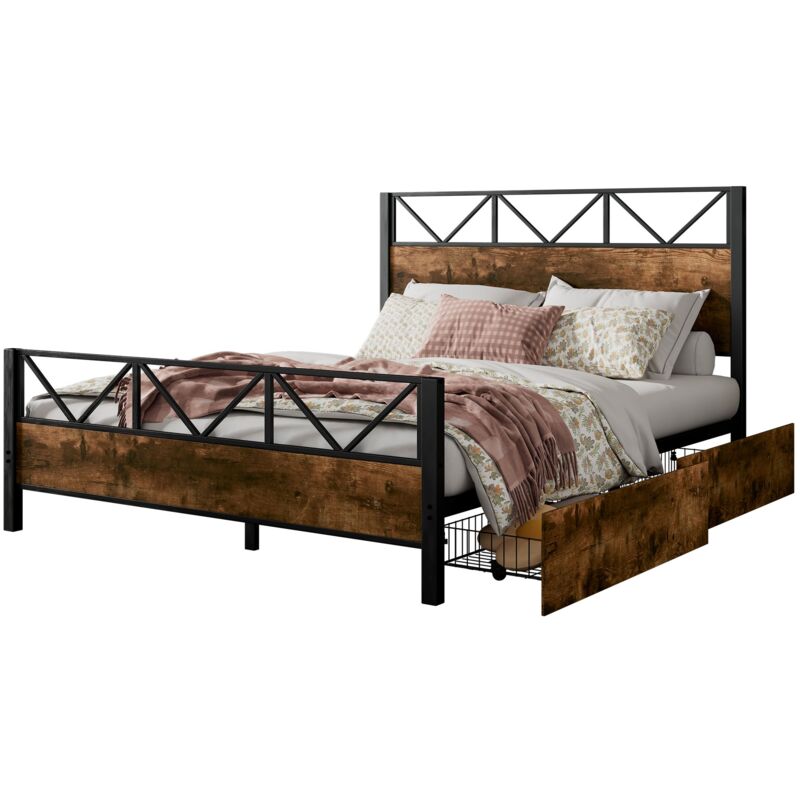 foto del prodotto letto in metallo, colore legno vintage, due cassetti su rotelle, metallo mdf, nero noce, 140x200cm