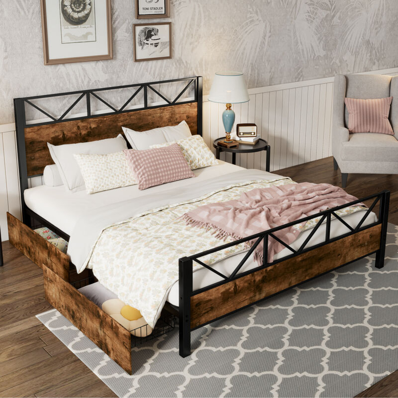 foto del prodotto letto in metallo, colori legno vintage, due cassetti con rotelle, adolescenti e adulti, struttura in metallo, letti piani, metallo mdf, nero 