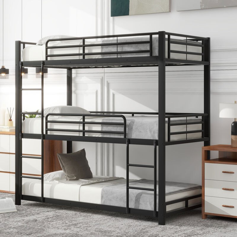foto del prodotto letto in metallo con giroletto 90x200cm, letto a castello, letto in ferro, letto a castello triplo per bambini, ragazzi e adulti, nero