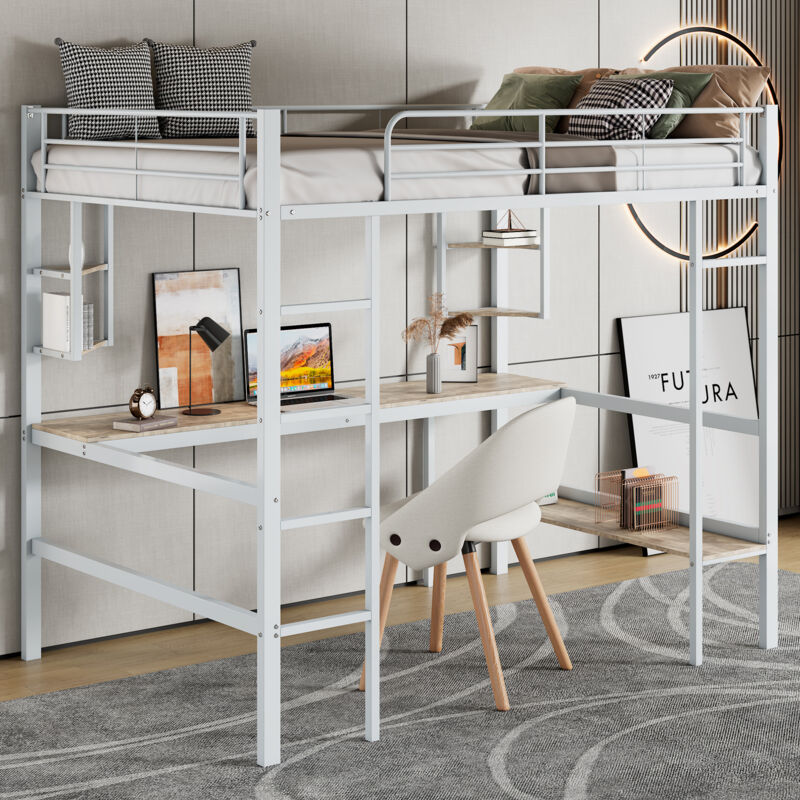 foto del prodotto letto in metallo con giroletto 90x200cm, letto in ferro con scrivania, letto a soppalco con quattro piccoli ripiani e una grande libreria per