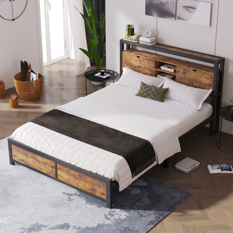foto del prodotto letto in metallo letti per ragazzi letto matrimoniale 140 x 200 cm con testiera con vano contenitore e rete a doghe in metallo, letto per bambini,