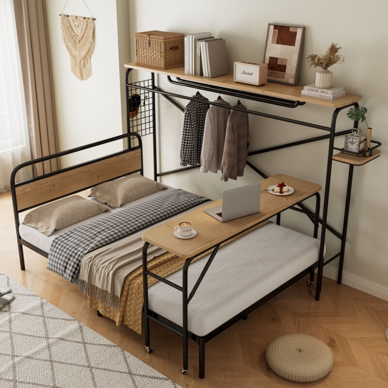 foto del prodotto letto in metallo, letti piani tavolo appendiabiti verticale, tavolino con ruote, set completo di mobili per camera da letto, adolescenti e