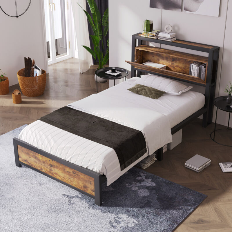 foto del prodotto letto in metallo letto per ragazzi letto singolo 90x200 cm con testiera contenitore e rete a doghe in metallo, letto per bambini, struttura letto in