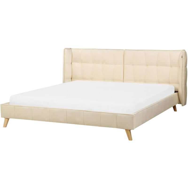 foto del prodotto letto in velluto beige gambe in legno testiera regolabile 180 x 200 cm senlis