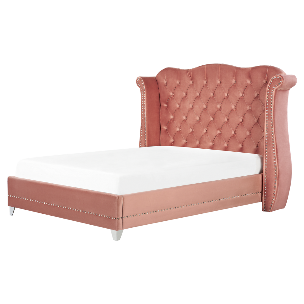 foto del prodotto letto in velluto color rosa 160 x 200 cm testiera alta decorata con bottoncini stile retrò e tradizionale