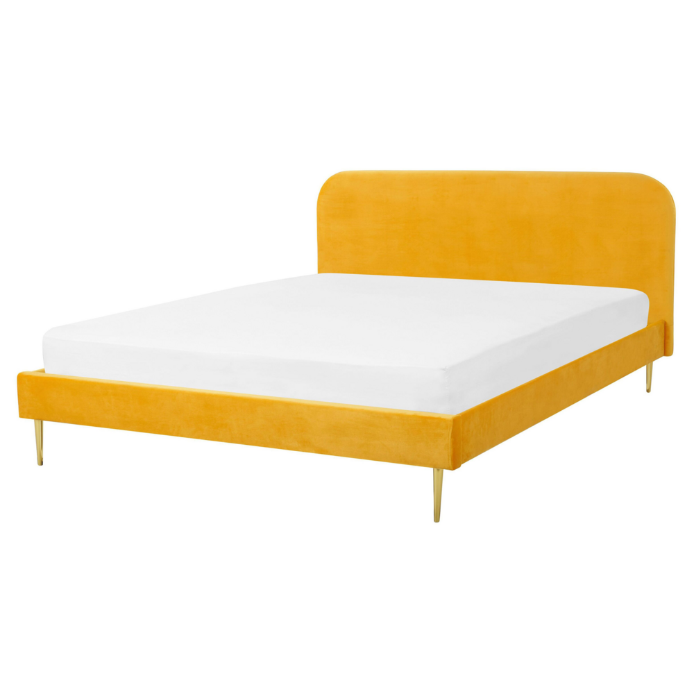 foto del prodotto letto in velluto giallo tappezzeria king size gambe dorate testiera con rete a doghe 160 x 200 cm design minimalista