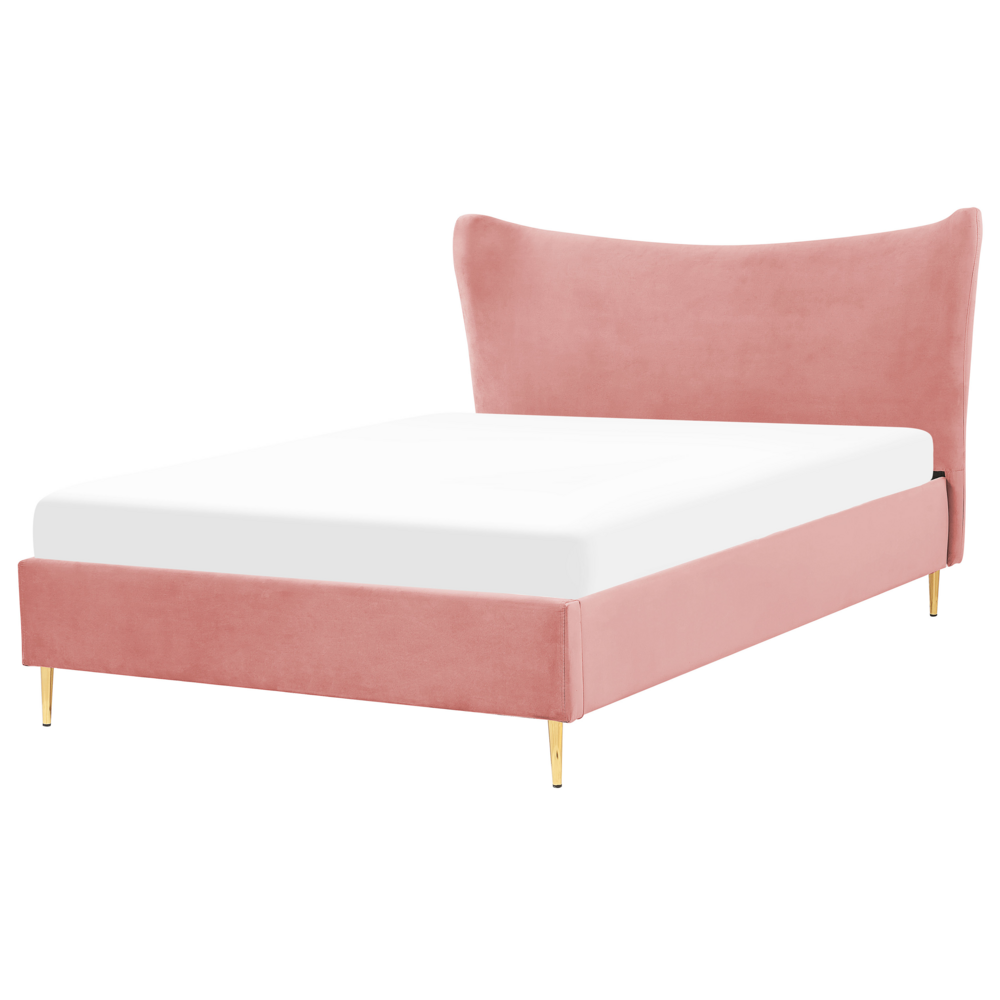 foto del prodotto letto in velluto rosa con struttura 140 x 200 cm gambe imbottite oro testiera stile glamour moderno