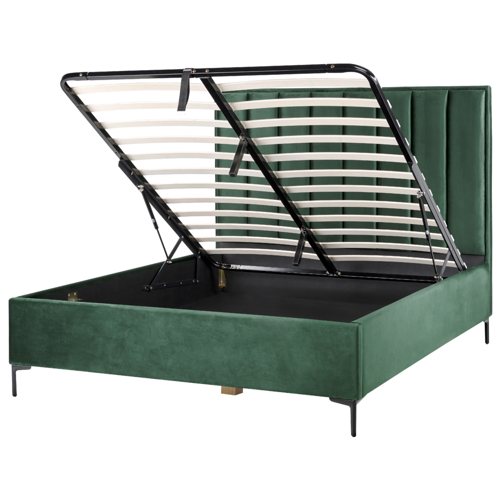 foto del prodotto letto in velluto verde scuro 160 x 200 cm con contenitore ottomana testiera imbottita gambe in metallo nero