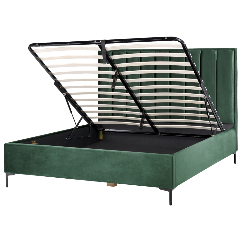 foto del prodotto letto in velluto verde scuro 180 x 200 cm con testiera imbottita ottomana con gambe in metallo nero