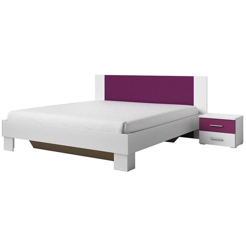 foto del prodotto letto irina 180x200 cm con rete a doghe e 2 comodini, colore bianco e lilla