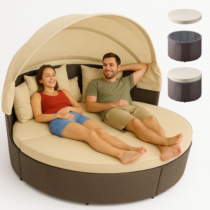foto del prodotto letto isola in rattan marrone modulabile salotto esterni giardino tetto parasole