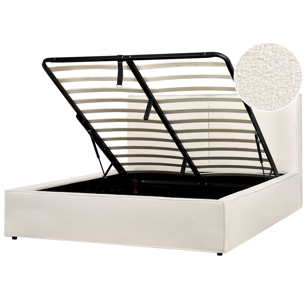 foto del prodotto letto king size 160 x 200 cm bianco sporco rivestimento in boucl ottomana di contenitore telaio a doghe camera da letto moderna contemporanea