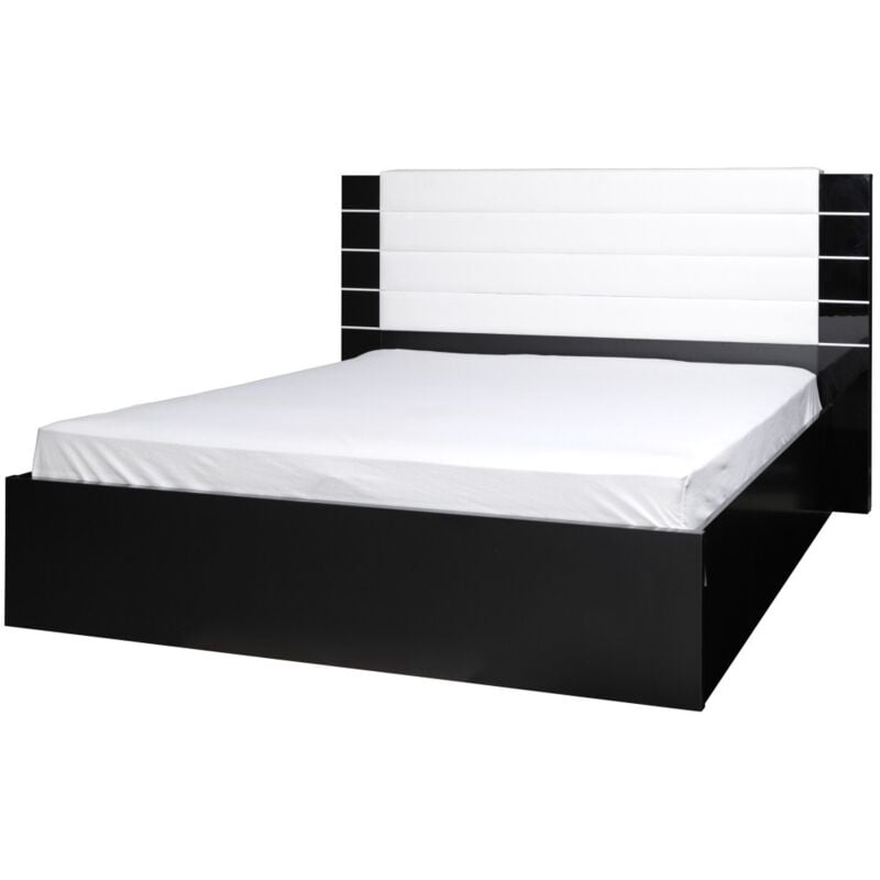 foto del prodotto letto lina 160x200 nero e bianco lucido con testiera in similpelle nera rete inclusa