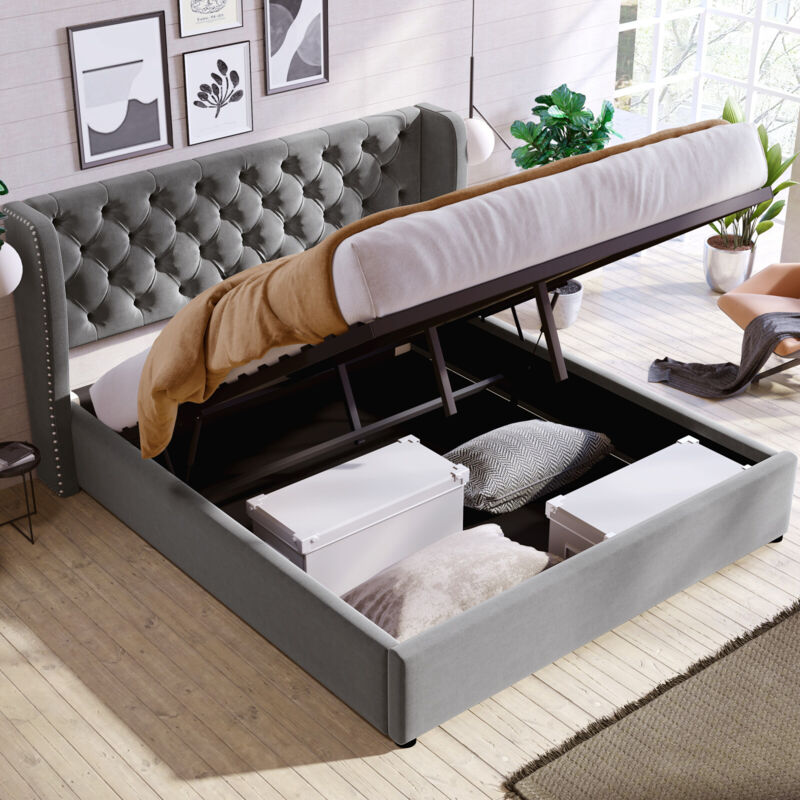 foto del prodotto letto matrimoniale 140200 con rete a doghe e vano contenitore, grigio