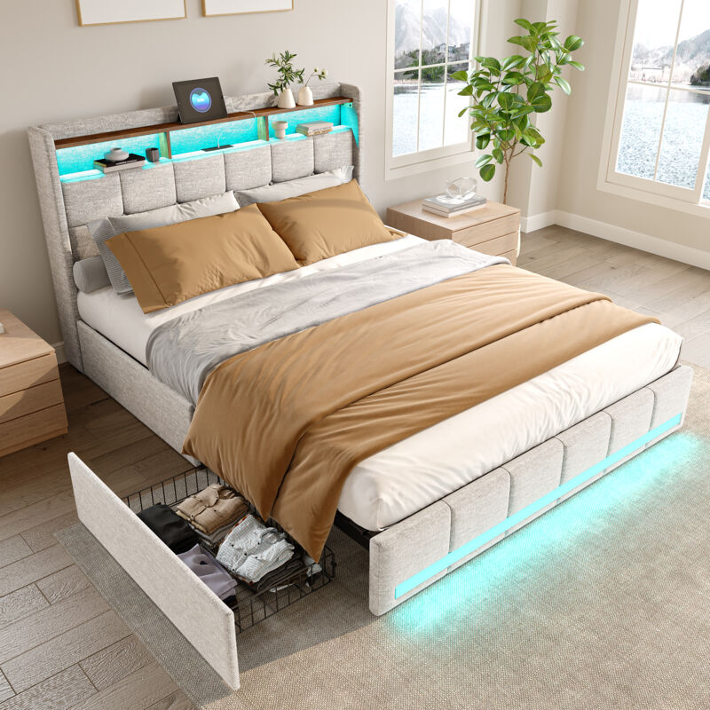 foto del prodotto letto matrimoniale 140x190,letto matrimoniale contenitore,letto imbottito,letti con cassetti,con led regolabile e ricarica usb,quattro cassetti,