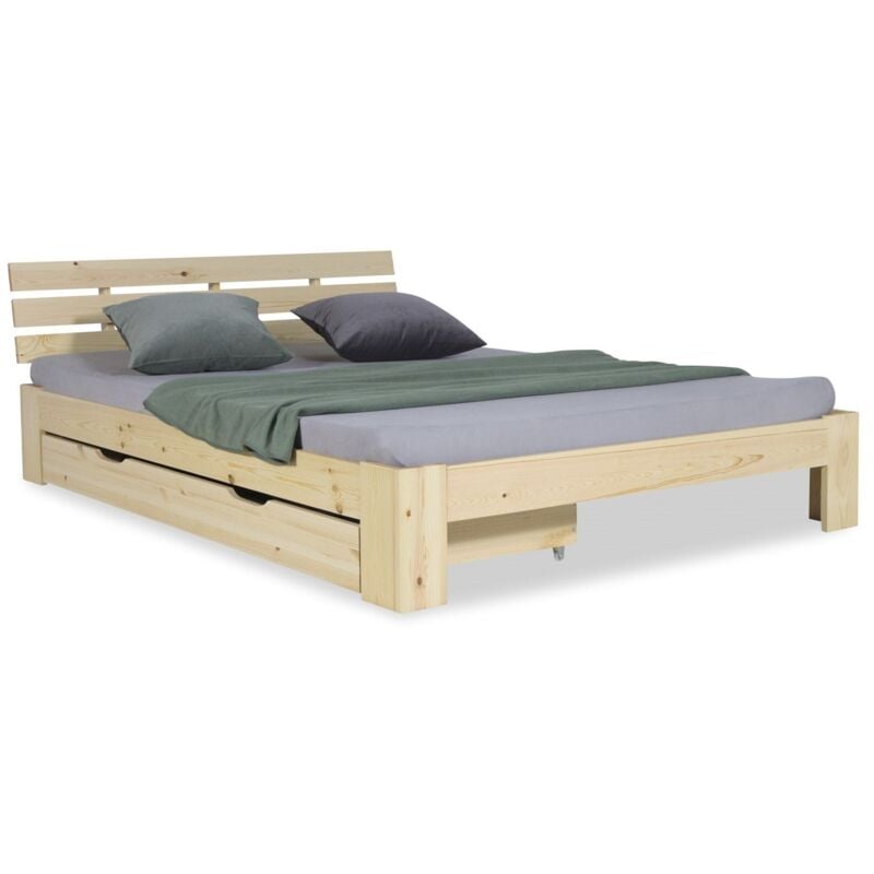 foto del prodotto letto matrimoniale 140x200 cm con cassetto contenitore e rete a doghe in legno di pino chiaro lit06226