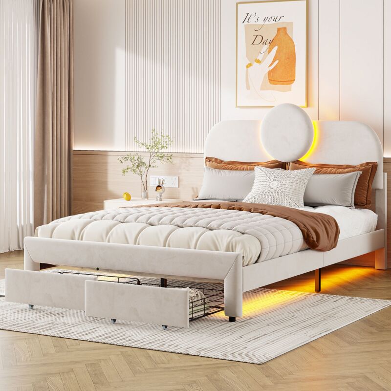 foto del prodotto letto matrimoniale 140x200 cm, tessuto velluto, con 2 cassetti, testiera regolabile, con illuminazione a led, struttura letto beige