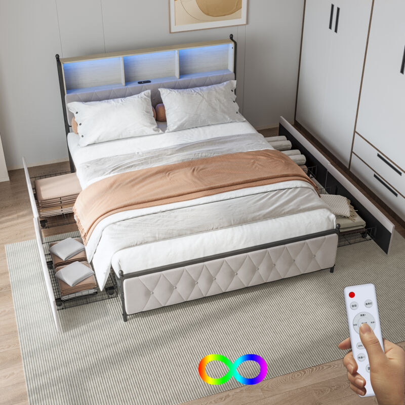 foto del prodotto letto matrimoniale 140x200,letto matrimoniale contenitore,letto imbottito,letti con cassetti,con led,2 prese usb, striscia luminosa e quattro