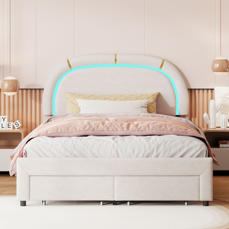 foto del prodotto letto matrimoniale 140x200,letto matrimoniale contenitore,letto imbottito,letti con cassetti,led e 2 cassetti portaoggetti, rete a doghe,beige, lino