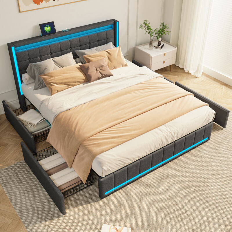 foto del prodotto letto matrimoniale 140x200,letto matrimoniale contenitore,letto imbottito,letti con cassetti,letti per adulti,con led regolabile e ricarica
