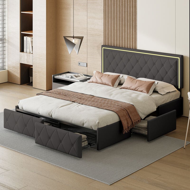 foto del prodotto letto matrimoniale 140x200,letto matrimoniale contenitore,letto imbottito,letti con cassetti,letti per adulti,con led,testiera regolabile in altezza,